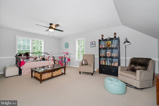 723 Ann Dr, Kennett Square, PA 19348 - carpeted living room with a ceiling fan, lofted ceiling, and baseboards
