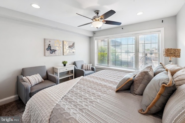 bedroom featuring baseboards, ceiling fan, carpet, and recessed lighting