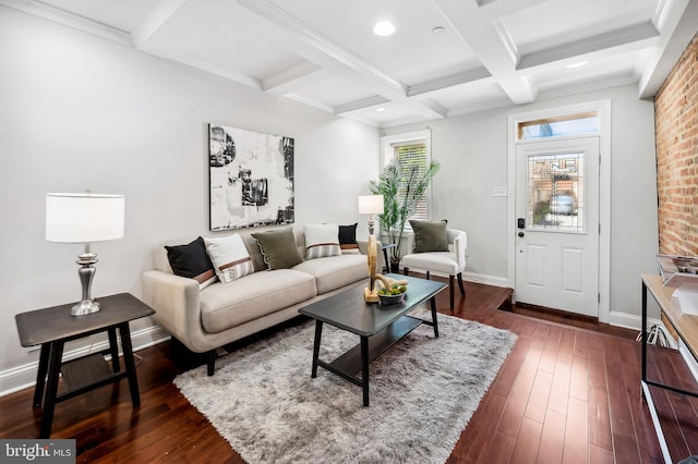 living area with dark wood-style flooring, beamed ceiling, recessed lighting, and baseboards