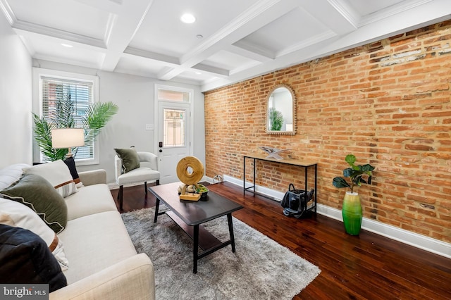 living area featuring wood-type flooring, beam ceiling, baseboards, recessed lighting, and coffered ceiling