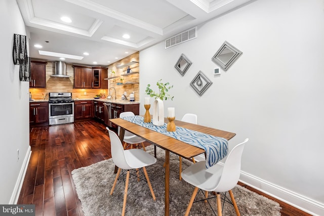 dining area with visible vents, beam ceiling, baseboards, dark wood-style floors, and coffered ceiling