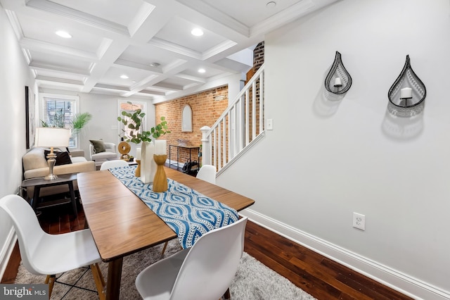 dining room featuring wood-type flooring, beam ceiling, baseboards, stairway, and recessed lighting