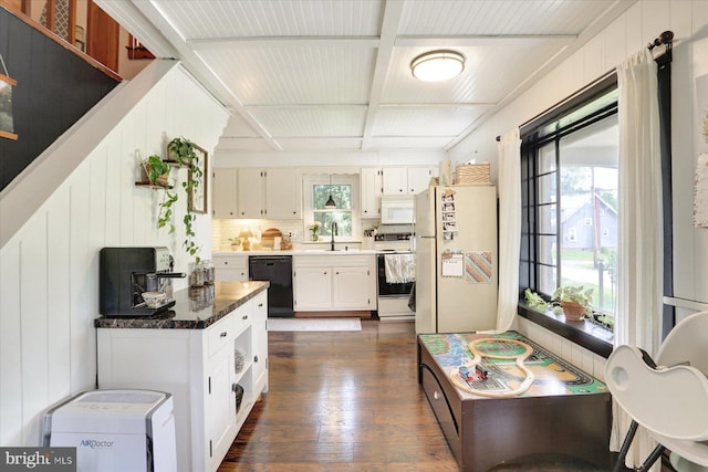 21194 Main St, Shade Gap, PA 17255 - kitchen featuring white appliances, dark wood-style floors, white cabinetry, dark countertops, and beamed ceiling