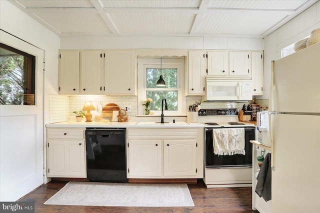 21194 Main St, Shade Gap, PA 17255 - kitchen with white appliances, a sink, plenty of natural light, tasteful backsplash, and beam ceiling