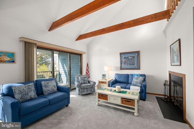 39947 Narrows Rd Unit 13, Fenwick Island, DE 19944 - carpeted living room with a glass covered fireplace, high vaulted ceiling, and beamed ceiling