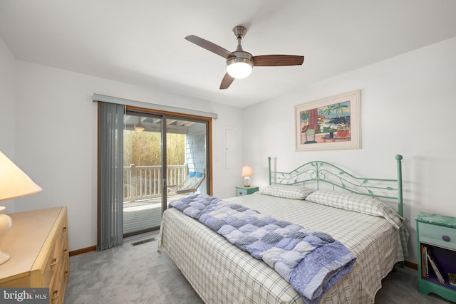 39947 Narrows Rd Unit 13, Fenwick Island, DE 19944 - bedroom featuring ceiling fan, light carpet, access to exterior, baseboards, and visible vents