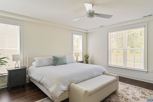 4017 Marie Curie Ct, Charlottesville, VA 22902 - bedroom with baseboards, visible vents, dark wood-style floors, and ceiling fan