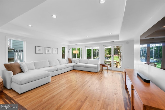 living area with recessed lighting, a tray ceiling, and wood finished floors