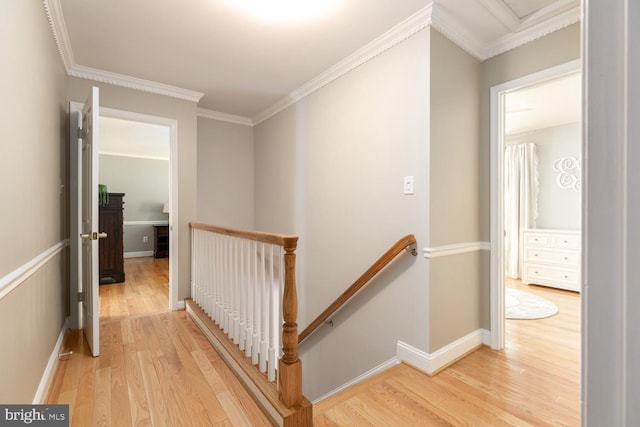 10808 Fieldwood Dr, Fairfax, VA 22030 - corridor with an upstairs landing, light wood-style floors, crown molding, and baseboards