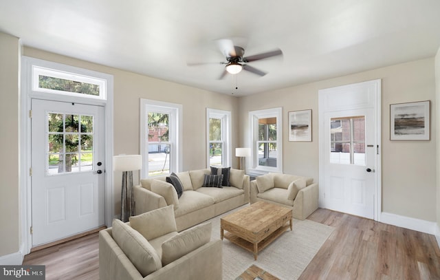 475 Farmington Ave, Pottstown, PA 19464 - living room featuring a ceiling fan, light wood finished floors, and baseboards