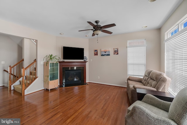 136 Martha Lewis Blvd, Havre De Grace, MD 21078 - living area featuring stairway, baseboards, a ceiling fan, and wood finished floors