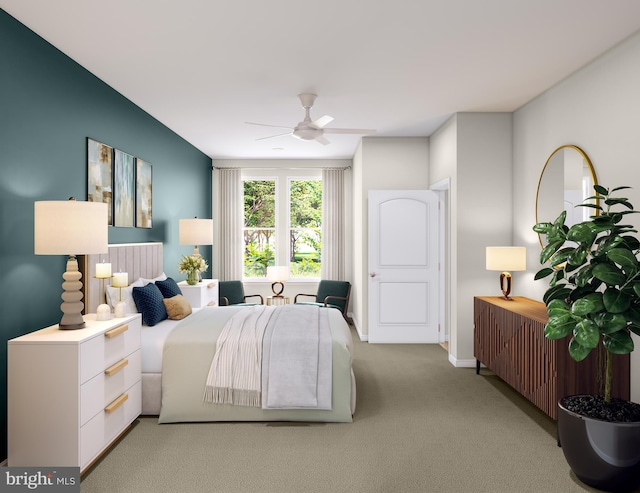 bedroom featuring baseboards, ceiling fan, and light colored carpet