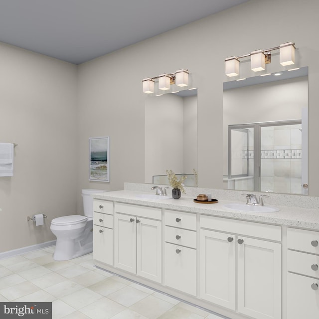 bathroom featuring a sink, a stall shower, toilet, and double vanity