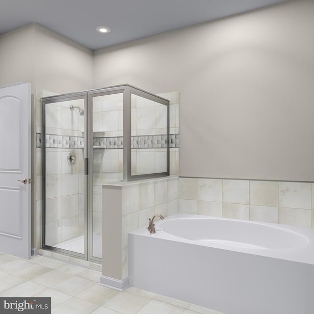 bathroom with recessed lighting, tile patterned floors, a bath, and a stall shower