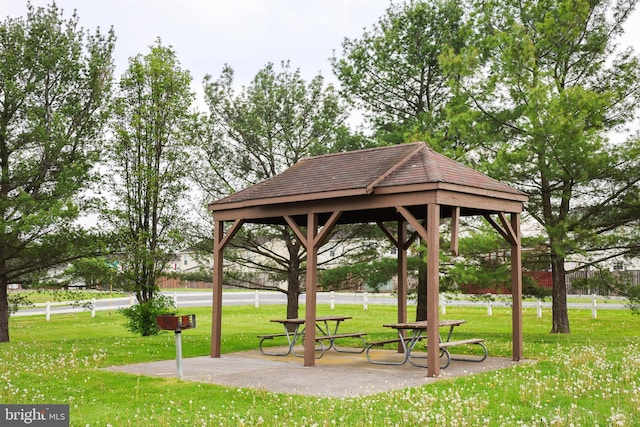 view of community featuring a gazebo and a yard