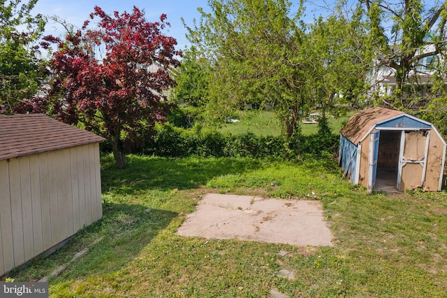 view of yard with an outbuilding and a shed