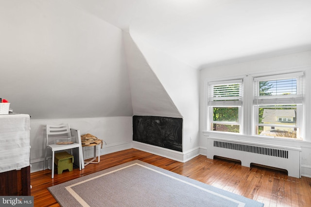additional living space with wood-type flooring, baseboards, and radiator heating unit