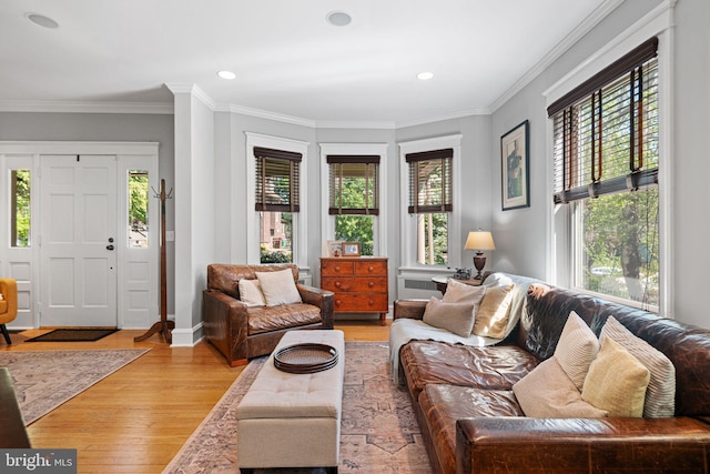 living area featuring light wood-type flooring, ornamental molding, and recessed lighting