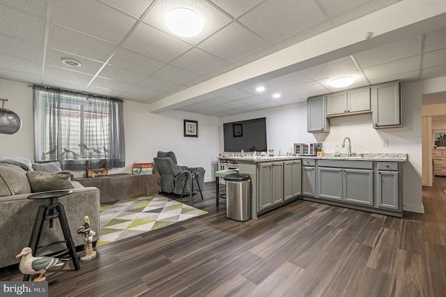 kitchen featuring a paneled ceiling, dark wood finished floors, gray cabinetry, a sink, and open floor plan