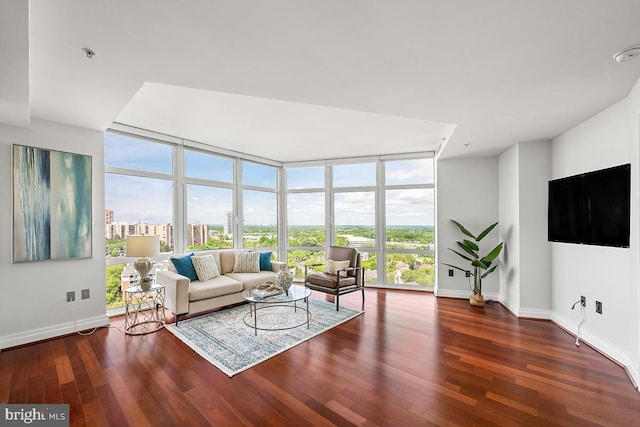 living room featuring baseboards, wood finished floors, and a wall of windows
