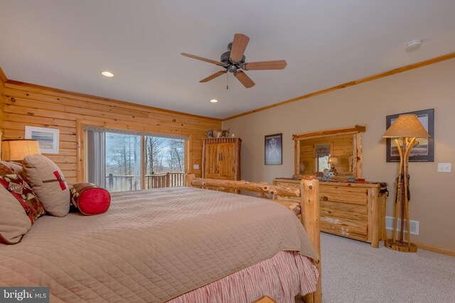 carpeted bedroom with visible vents, crown molding, baseboards, access to outside, and recessed lighting