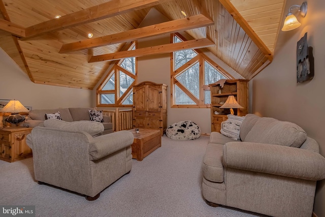 carpeted living room featuring lofted ceiling with beams and wooden ceiling