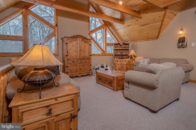 living room featuring wood ceiling, vaulted ceiling with beams, light carpet, and baseboards
