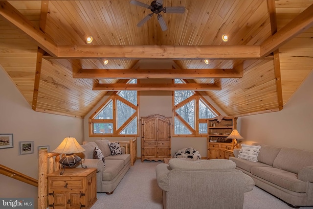 living area featuring ceiling fan, light colored carpet, vaulted ceiling with beams, recessed lighting, and wooden ceiling