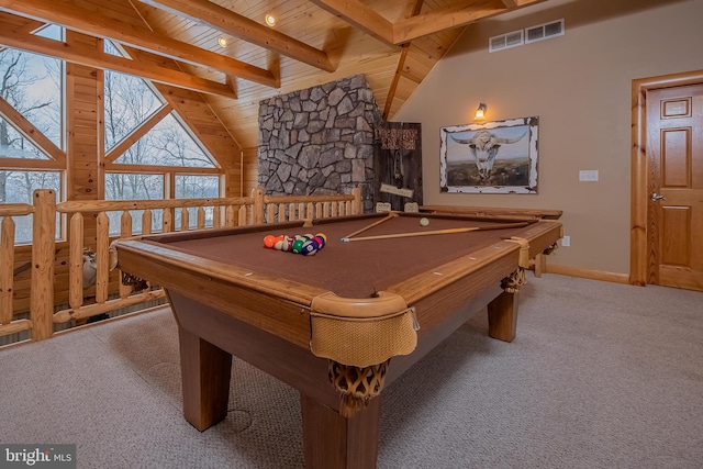 rec room with beam ceiling, carpet floors, baseboards, wooden ceiling, and visible vents