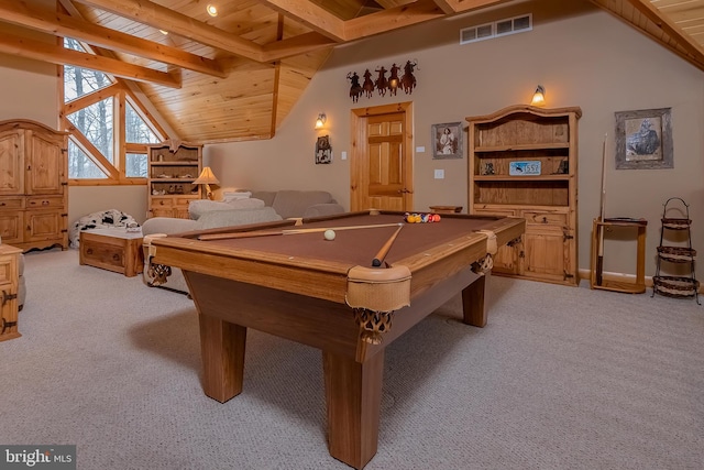 rec room featuring light colored carpet, lofted ceiling with beams, wooden ceiling, billiards, and visible vents