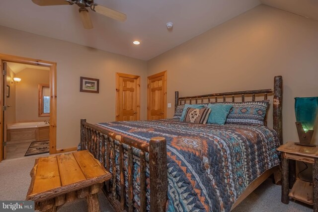 bedroom featuring recessed lighting, connected bathroom, carpet, and ceiling fan