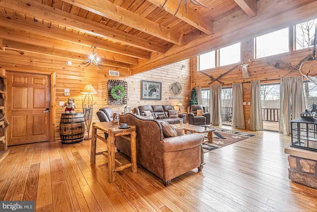 living room with visible vents, wood walls, light wood-type flooring, beam ceiling, and wooden ceiling