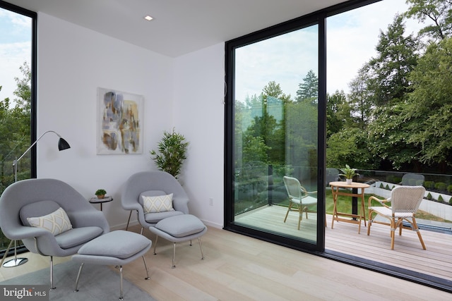interior space with expansive windows, baseboards, wood finished floors, and a healthy amount of sunlight
