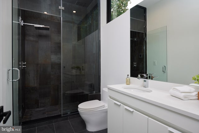 bathroom with tile patterned flooring, vanity, toilet, and a shower stall