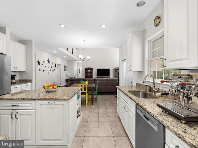 8283 Waterford Mill Ct, Pasadena, MD 21122 - kitchen featuring white cabinets, a notable chandelier, a sink, light tile patterned floors, and stainless steel dishwasher
