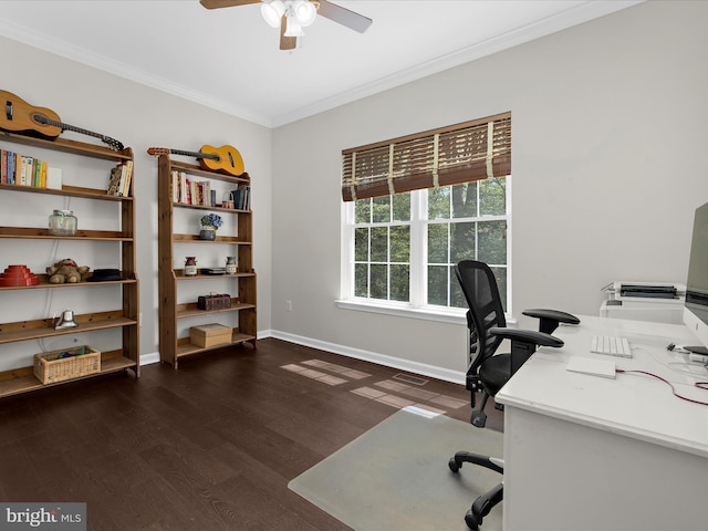 8283 Waterford Mill Ct, Pasadena, MD 21122 - office area with crown molding, dark wood-style flooring, ceiling fan, and baseboards