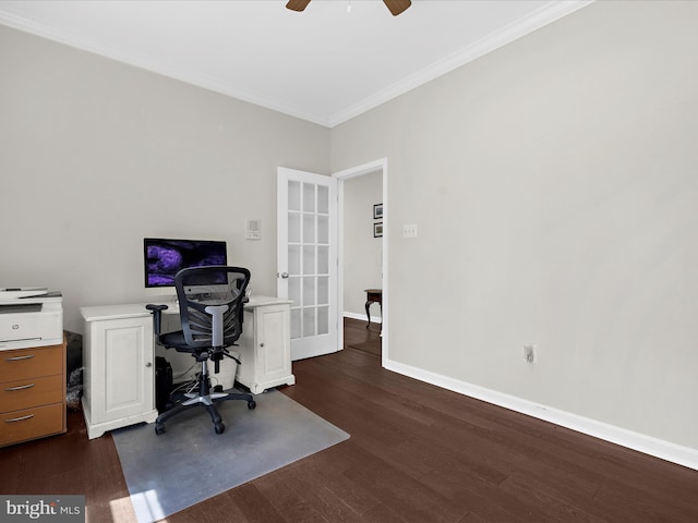 8283 Waterford Mill Ct, Pasadena, MD 21122 - office with baseboards, ornamental molding, dark wood finished floors, and ceiling fan