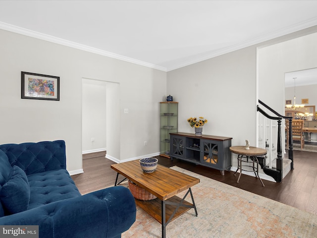 8283 Waterford Mill Ct, Pasadena, MD 21122 - living area with ornamental molding, stairs, wood finished floors, baseboards, and a chandelier