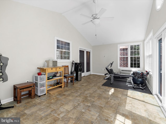 8283 Waterford Mill Ct, Pasadena, MD 21122 - interior space with baseboards, stone finish flooring, ceiling fan, and high vaulted ceiling