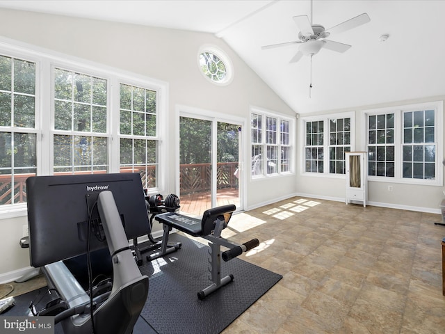 8283 Waterford Mill Ct, Pasadena, MD 21122 - workout room featuring baseboards, ceiling fan, stone finish floor, and lofted ceiling