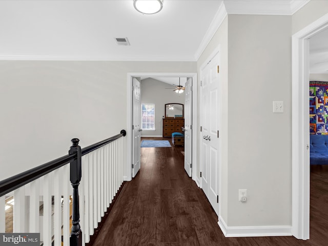 8283 Waterford Mill Ct, Pasadena, MD 21122 - hall with baseboards, ornamental molding, dark wood-style floors, and visible vents