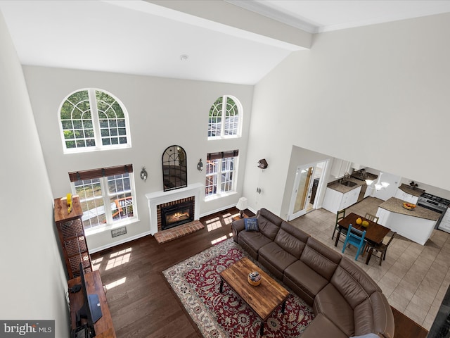 8283 Waterford Mill Ct, Pasadena, MD 21122 - living area with beam ceiling, wood finished floors, a fireplace, baseboards, and high vaulted ceiling