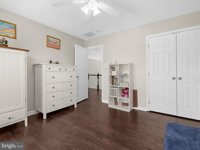 8283 Waterford Mill Ct, Pasadena, MD 21122 - bedroom featuring baseboards, visible vents, a ceiling fan, and dark wood-type flooring
