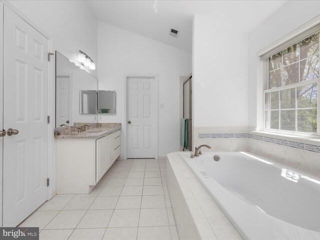 8283 Waterford Mill Ct, Pasadena, MD 21122 - full bathroom featuring a shower with shower door, vanity, tile patterned floors, visible vents, and a garden tub