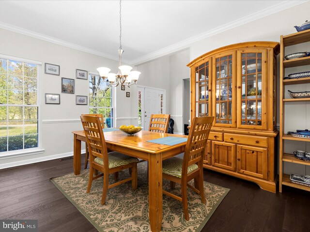 8283 Waterford Mill Ct, Pasadena, MD 21122 - dining area featuring crown molding, dark wood finished floors, baseboards, and a chandelier