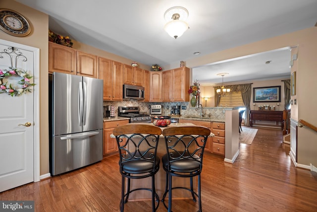 kitchen featuring a sink, stainless steel appliances, a peninsula, wood finished floors, and tasteful backsplash
