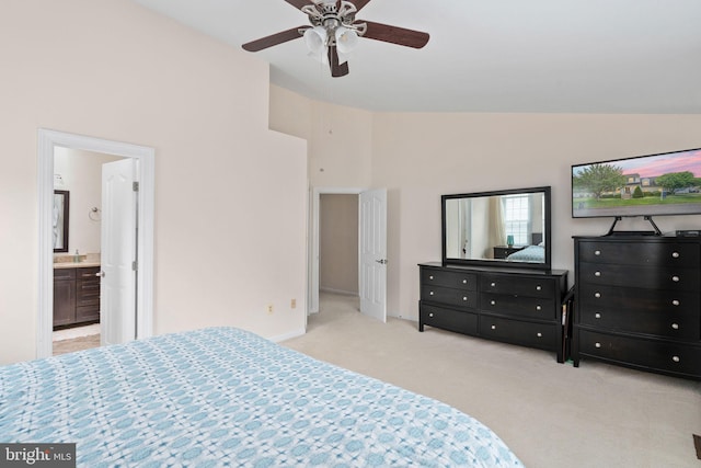 5229 Woodleaf Ct, Centreville, VA 20120 - carpeted bedroom featuring high vaulted ceiling, ceiling fan, and connected bathroom