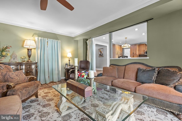 3219 Sunset Ave, Norristown, PA 19403 - living area with ceiling fan, ornamental molding, light wood-style flooring, baseboards, and recessed lighting