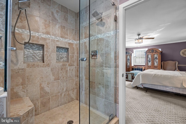 3219 Sunset Ave, Norristown, PA 19403 - full bath featuring ensuite bath, a ceiling fan, a shower stall, and crown molding