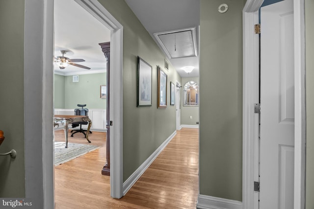 3219 Sunset Ave, Norristown, PA 19403 - hall featuring attic access, wood finished floors, baseboards, an office area, and ornamental molding